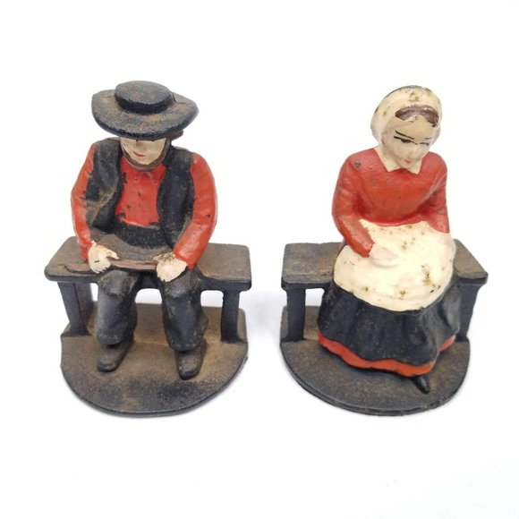 Vintage Cast Iron Amish Man Woman Bookends Pioneer - Picture 4 of 11